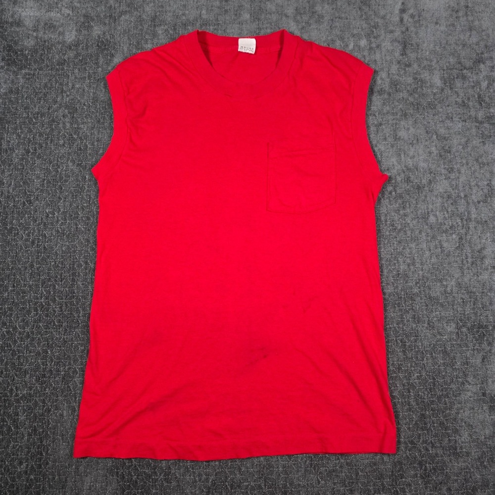 Vtg 90s Fruit of the Loom Red Muscle Tee Sleeveless Selvedge Pocket Mens L USA